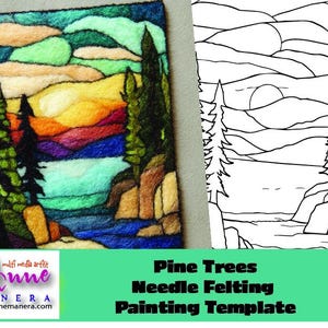 Puede incluir: Un paisaje colorido de fieltro con agujas que presenta pinos, una puesta de sol y agua. La obra de arte está enmarcada y tiene una variedad de colores que incluyen verde, amarillo, naranja, azul y morado. También se incluye una plantilla de pintura en blanco y negro.
