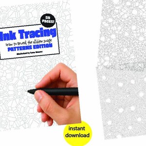 May include: A white book cover with the title "Ink Tracing" in blue and black text. The book is open to a page with a geometric pattern. A black pen is held over the page. The book has 50 pages.