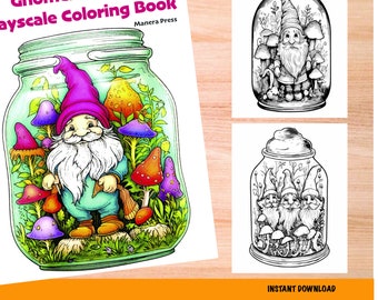 Gnomes in a Jar Grayscale Coloring Book PDF instant download