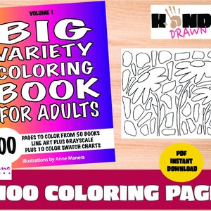 100 Coloring Pages: Variety Line Art & Grayscale Charts (Digital Download)