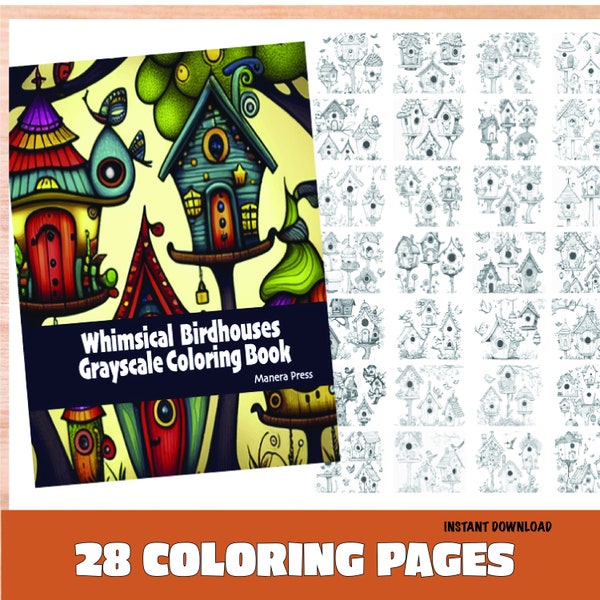 Whimsical Birdhouses Grayscale Coloring Book 28 pages PDFInstant Download