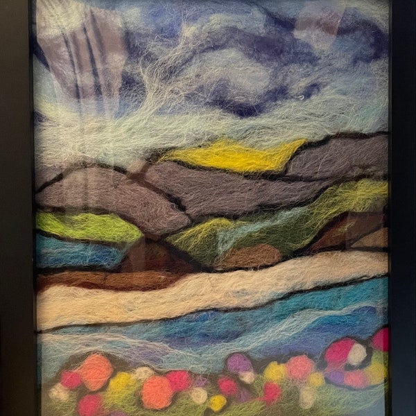 Harmony Landscape Felted Painting Wool Painting Needle Felting Original 8"x10" framed