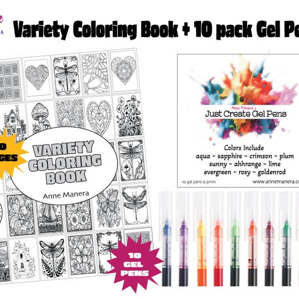 Variety Coloring Book + 10 pack Gel Pens!