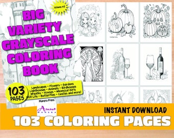 Big Variety Grayscale Coloring Book Volume Three 103 Pages !Instant Download