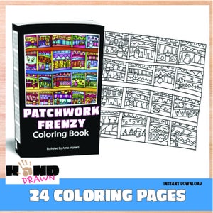 Op de afbeelding: Een zwart-wit kleurboek met een omslag waarop "Patchwork Frenzy Coloring Book" staat en een kleurrijk patchwork-ontwerp te zien is. Het boek heeft 24 pagina's.
