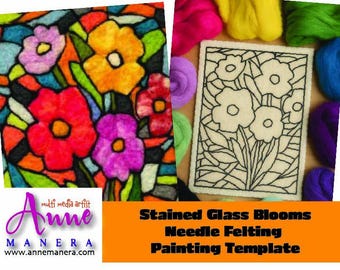 May include: An image showcases a colorful stained glass flower design and a needle felting painting template. The stained glass art features vibrant red, orange, and purple blooms. The template is a cream-colored rectangle with a black outline of flowers. Text reads "Stained Glass Blooms Needle Felting Painting Template."