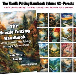 May include: The Needle Felting Handbook Volume 42: Forests, a guide to needle felting techniques, choosing colors, reference photos, and more! The book cover features a colorful painting of a forest scene with a stream running through it.