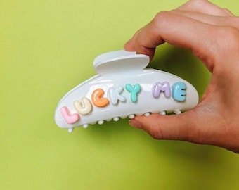 Lucky me claw clip, lucky me accessories, trendy lucky me lucky you claw clip, pastel bubble letter lucky me claw clip strong hold claw clip