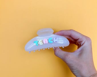 Pince à griffe Jelly Teach, pince à griffe pour la rentrée des classes, pince à griffe Jelly blanche pastel arc-en-ciel pour enseignant(e), remerciement des enseignants