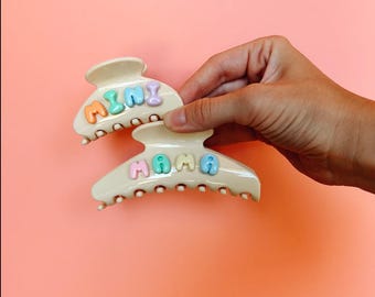 Mama and mini matching claw clips, matching girl mom claw clips mama mini, pastel rainbow bubble letter claw clips, mama mini hair clips