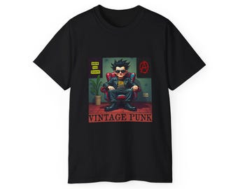 May include: Black t-shirt featuring a cartoon illustration of a punk rocker in a leather jacket and sunglasses, seated in a chair. The shirt includes the text "VINTAGE PUNK" and other graphics, including the words "KNOW YOUR RIGHTS" and an anarchy symbol.