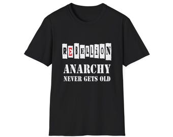 Maglietta Punk Rock Anarchy in stile vintage con slogan "Rebellion Never Gets Old"