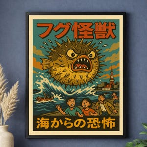 Puede incluir: Un póster enmarcado con texto japonés y una ilustración vintage de un monstruo pez globo amenazante que emerge del océano. La obra de arte presenta una paleta de colores retro y una escena de personas huyendo de la orilla.