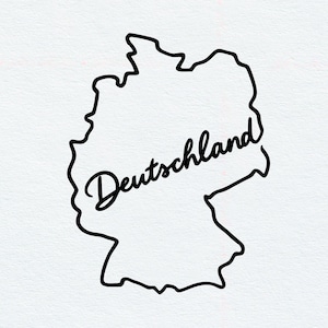 Puede incluir: Un contorno de línea negra que representa el mapa de Alemania sobre un fondo blanco. La palabra Deutschland está escrita en una fuente cursiva negra en el centro del mapa, siguiendo la forma de las fronteras del país en un diseño limpio.