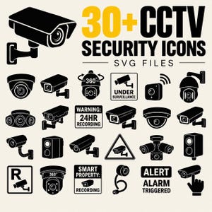 May include: A collection of over 30 black and white CCTV security icons and SVG files. The graphic set features various surveillance camera styles, including dome, bullet, and PTZ cameras, alongside warning signs with text like 24HR RECORDING.