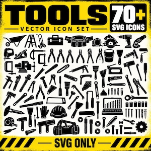 Può includere: Una collezione di oltre 70 icone a silhouette nera che rappresentano vari strumenti da costruzione e manuali, inclusi martelli, chiavi inglesi, seghe e attrezzature di sicurezza. Il testo "TOOLS 70+ VECTOR ICON SET" e "SVG ONLY" è stampato in nero su sfondo giallo.