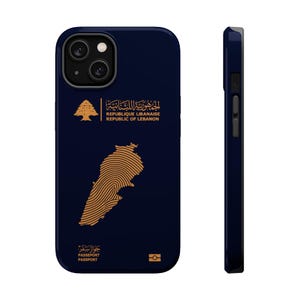 May include: A dark blue phone case featuring a gold-colored graphic of the map of Lebanon designed with fingerprint-style lines. The design includes the Lebanese cedar tree, the text "REPUBLIQUE LIBANAISE REPUBLIC OF LEBANON", and "PASSPORT".