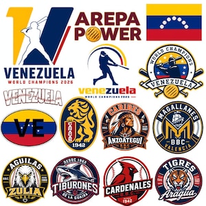 Könnte beinhalten: Eine Sammlung von Baseball-Logos und -Emblemen mit dem Wort "Venezuela" und dem Schriftzug "World Champions 2026". Die Designs beinhalten Baseballschläger, -bälle und Team-Maskottchen, mit einer venezolanischen Flagge oben rechts.