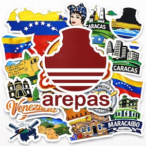 May include: A collection of colorful stickers featuring Venezuelan flags, cityscapes, and the word "arepas." The stickers showcase various designs, including illustrations of landmarks, baseball bats, and a woman with a headscarf. The stickers are in various shapes and sizes.