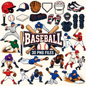 Può includere: Una collezione di illustrazioni a tema baseball con giocatori in varie pose d'azione, tra cui battuta, lancio, scivolata e presa. Il set include attrezzature come mazze, guanti, caschi, palle, basi e equipaggiamento da ricevitore con il testo BASEBALL 30 PNG FILES.
