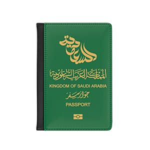 May include: Green passport cover with gold Arabic calligraphy and English text that reads "Kingdom of Saudi Arabia" and "Passport." The cover has a black spine and a small gold icon at the bottom.