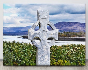 Kerry Cross, Ierse platteland, Keltische kruisfoto, PRINT of CANVAS, Ierland Kunst, Iers geschenk, hoog kruis, landschapsfoto's, galerij ingepakt