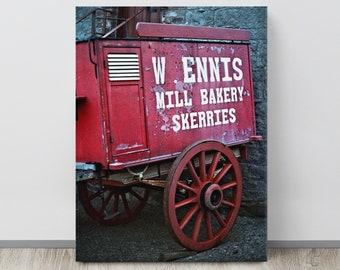 Vintage Ireland Photo, Red Wagon, Ennis Mill Bakery, Skerries, Red Wooden Wheel, 8x10, Antique Culinary Photo, Rustic Cottage Decor, Baker