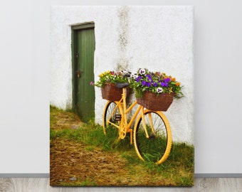 Oranje fiets met bloemen, DONEGAL, Gaeltacht, Iers platteland, Glenveagh, typische oude IERLAND foto, EUROPEES decor, Gweedore