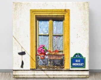 RUE ANDROUET, Schoenen op een draad, Parijs Foto, Kleurrijk Venster, MONTMARTRE, Geel Roze Groen Blauw, Parijs, Window Box Bloemen, Frans Decor