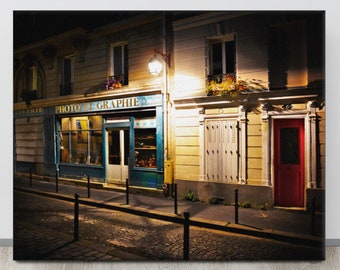 Paris at Night, French Home Decor, Paris Photography, Large Paris Prints, Paris Greeting Card, Red Door Photo, Parisian Shop, Streetlight