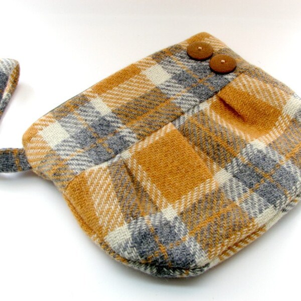 Plaid Wool Wristlet Purse with Strap in Mustard Yellow Grey and White with Buttons