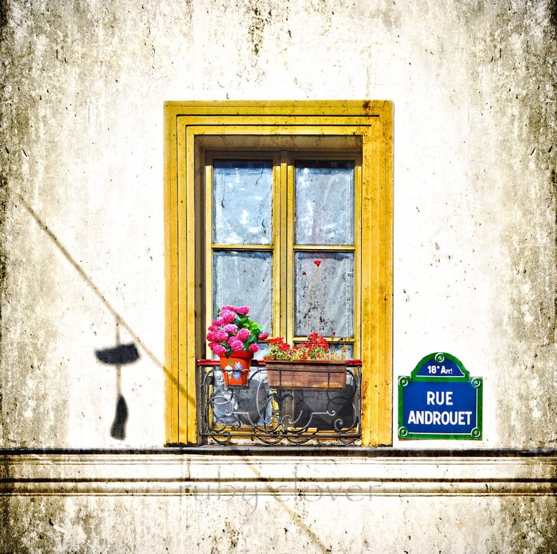 RUE ANDROUET, Shoes on a Wire, Paris Photo, Colorful Window, MONTMARTRE, Yellow Pink Green Blue, Parisian, Window Box Flowers, French Decor image 2