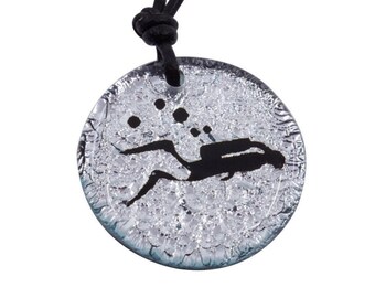 Scuba Diving Necklace Gift silver color fused Glass pendant design by ZulaSurfing