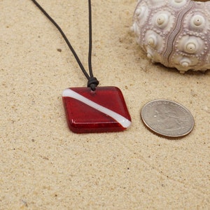 Scuba diving gift diver down flag pendant made of fused glass handmade by a diver in our studio in Florida set with leather cord of stainless steel chain