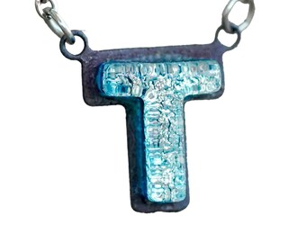 T Initial letter Necklace Font Gift For Her Silver color Fused Dichroic Glass on a Stainless Steel base