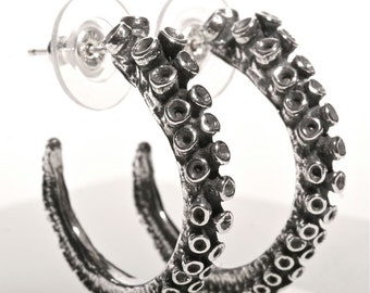 Octopus Tentacle Hoop Earrings: Sterling Silver Nautical Jewelry