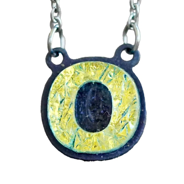 O Initial letter Necklace Gift for Her - Gold color Fused Dichroic Glass on a Stainless Steel base