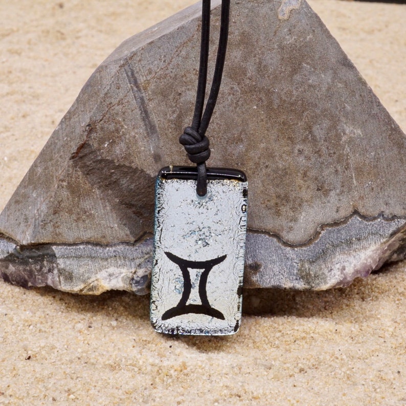 Gemini Zodiac Sign Minimalist Necklace horoscope jewelry silver color dichroic glass Handmade By ZulaSurfing