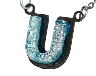 U Initial letter Necklace Font Gift For Her Silver color Fused Dichroic Glass on a Stainless Steel base