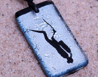 Diver necklace Pendant Scuba Diving Jewelry Gift Dive Gear Dichroic Fused Glass Silver Color by Zulasurfing