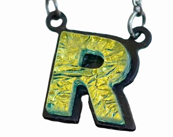 R Initial letter Necklace Font Gift for Her Gold color Fused Dichroic Glass on a Stainless Steel base