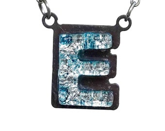 E letter Initial Necklace Personalized Gift for her Silver color Fused Dichroic Glass on a Stainless Steel base