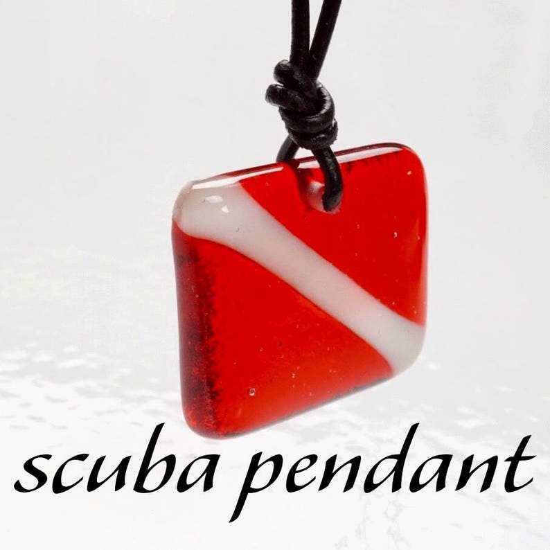 Scuba diving gift diver down flag pendant made of fused glass handmade by a diver in our studio in Florida set with leather cord of stainless steel chain