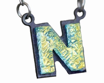 N Initial letter Necklace Font Gift for Her Gold color Fused Dichroic Glass on a Stainless Steel base