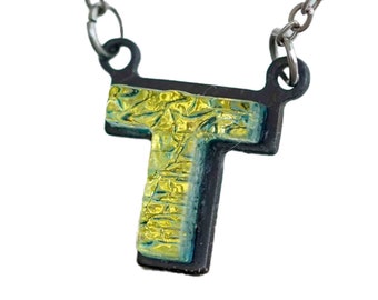 T Initial letter Necklace Font Gift For Her Gold color Fused Dichroic Glass on a Stainless Steel base