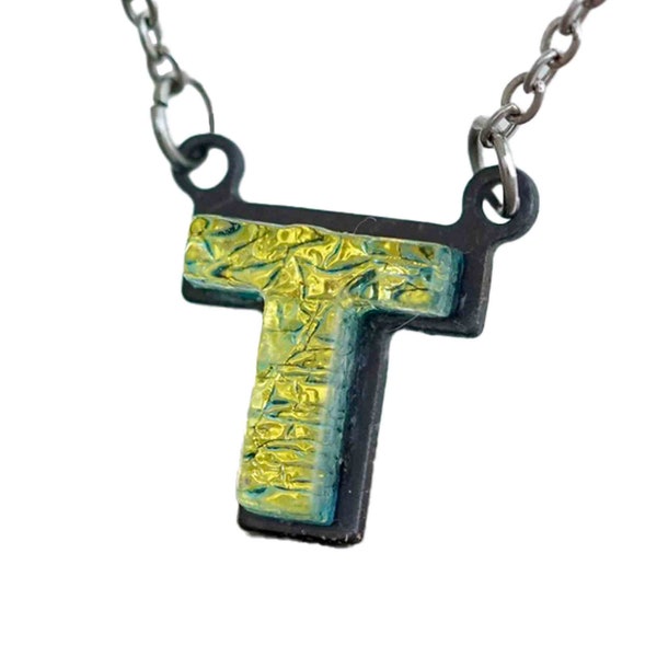 T Initial letter Necklace Font Gift For Her Gold color Fused Dichroic Glass on a Stainless Steel base