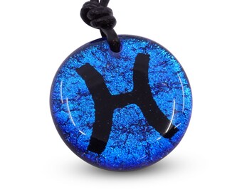 Pisces Zodiac Necklace: Blue Dichroic Glass Pendant, Leather Cord