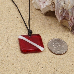 Scuba diving gift diver down flag pendant made of fused glass handmade by a diver in our studio in Florida set with leather cord of stainless steel chain