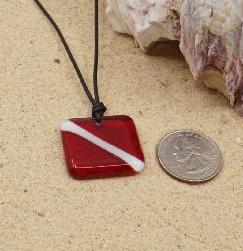 Scuba diving gift diver down flag pendant made of fused glass handmade by a diver in our studio in Florida set with leather cord of stainless steel chain