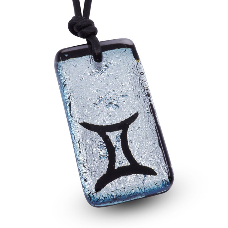 Gemini Zodiac Sign Minimalist Necklace horoscope jewelry silver color dichroic glass Handmade By ZulaSurfing